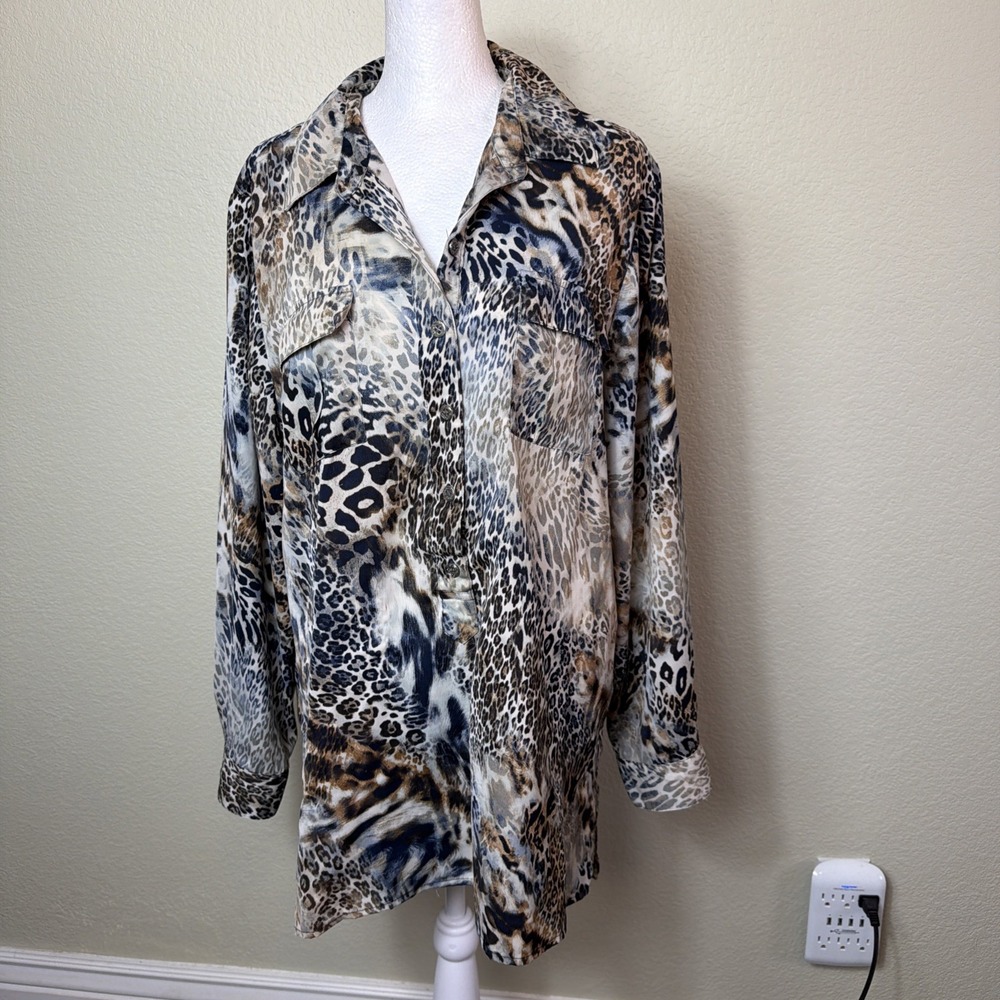 Chico's Leopard Tunic Shirt Women 2 L 12 Mixed Animal Print Button Up LongSleeve